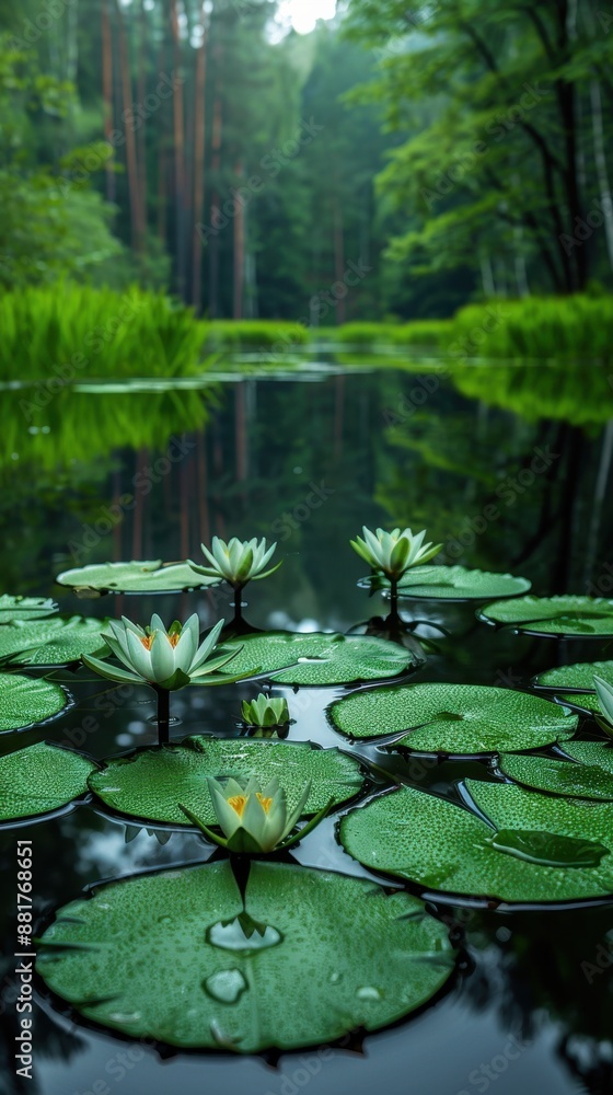 Serene pond with blooming water lilies and lush greenery in the background, capturing the tranquil beauty of nature and aquatic flora. Serene pond with blooming water lilies and lush greenery in the background, capturing the tranquil beauty of nature and aquatic flora.