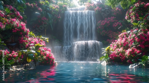 Fototapeta Naklejka Na Ścianę i Meble -  Serene tropical waterfall cascading into a turquoise pool, surrounded by vibrant flowers and lush greenery in a peaceful forest setting.