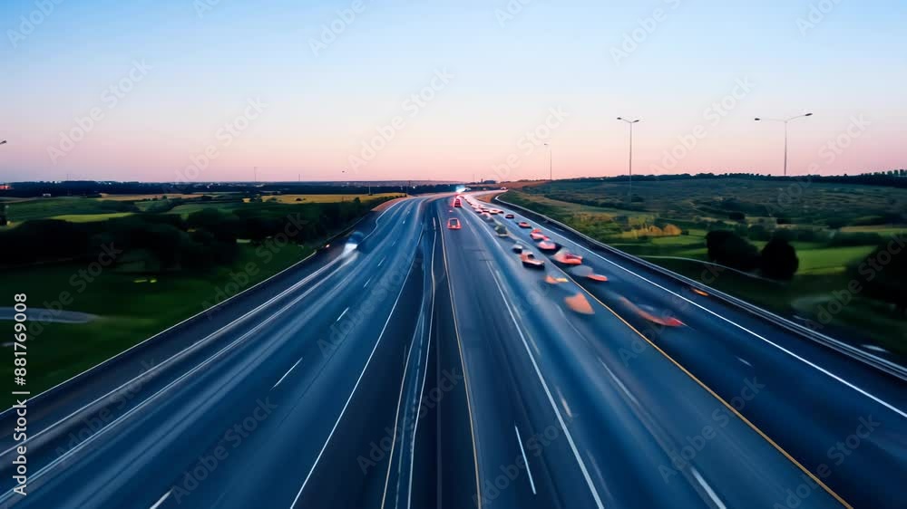 Multi-lane highway buzzes with activity. Streams of headlights and taillights blur into ribbons. Traffic density gradually decreases. Vehicles thin out, spaces widen between cars. Multi-lane highway buzzes with activity. Streams of headlights and taillights blur into ribbons. Traffic density gradually decreases. Vehicles thin out, spaces widen between cars.