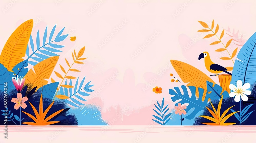 Tropical leaves and birds on a pink background with copy space Tropical leaves and birds on a pink background with copy space