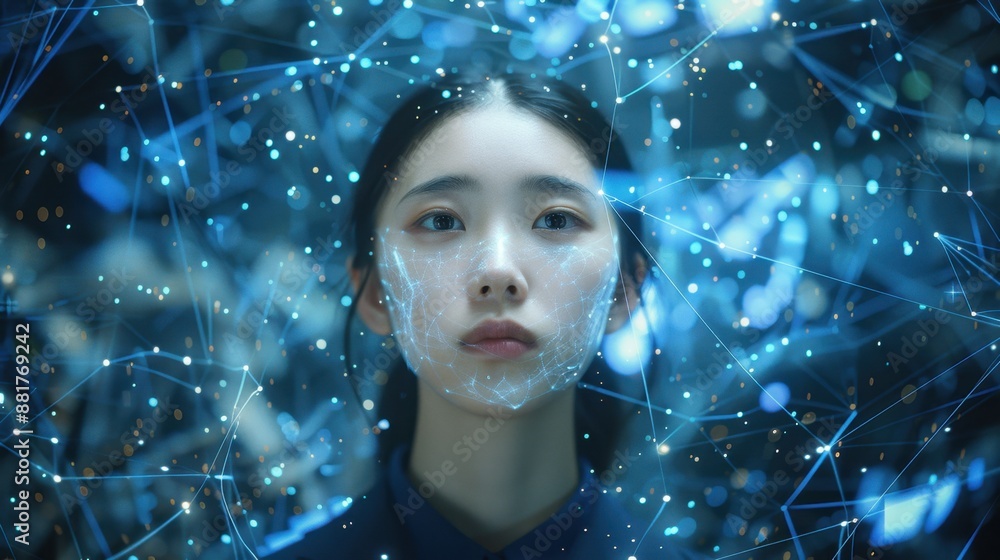 Young woman surrounded by a digital, futuristic environment with glowing network connections and light particles. Young woman surrounded by a digital, futuristic environment with glowing network connections and light particles.