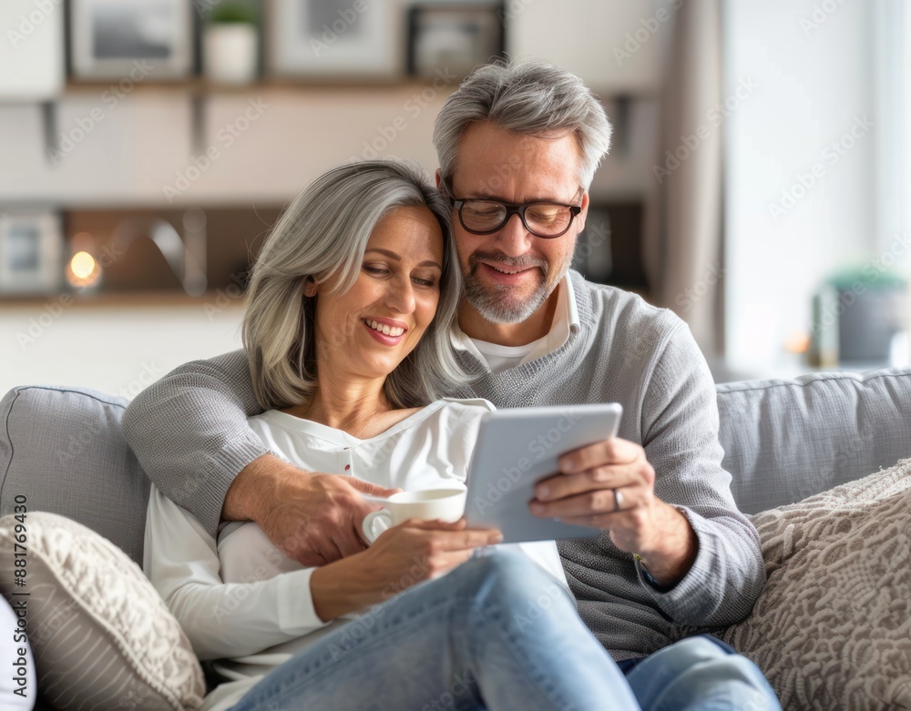 Happy middle aged couple using a digital tablet while sitting on a sofa at home. Happy middle aged couple using a digital tablet while sitting on a sofa at home.