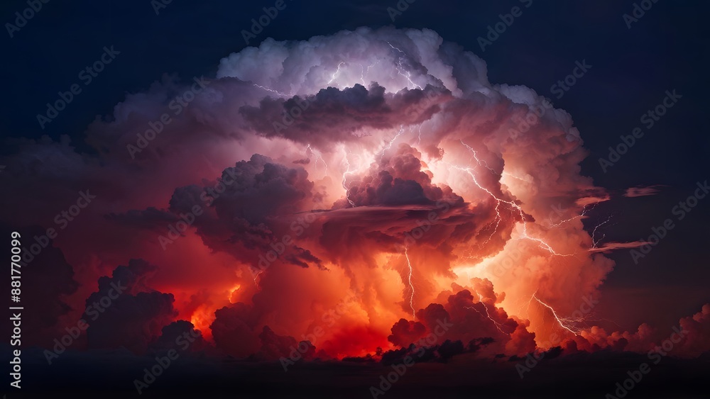 Naklejka premium Dark red and orange clouds with thunder lightning, AI Generated