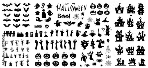 Big set of silhouettes of Halloween on a white background. Vector illustration