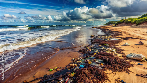 Dark brown oil slick coats the sandy beach, tangled seaweed and trash stuck in its grip, with waves crashing against the polluted shoreline. photo