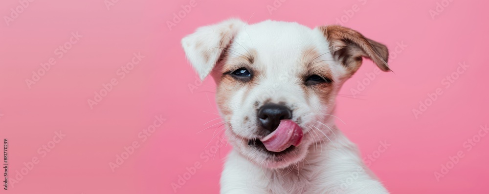 Fototapeta premium A dog is smiling and has its tongue out. Free copy space for banner.