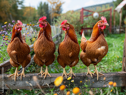 Four Brown Hens Perched on a Wooden Fence in a Garden