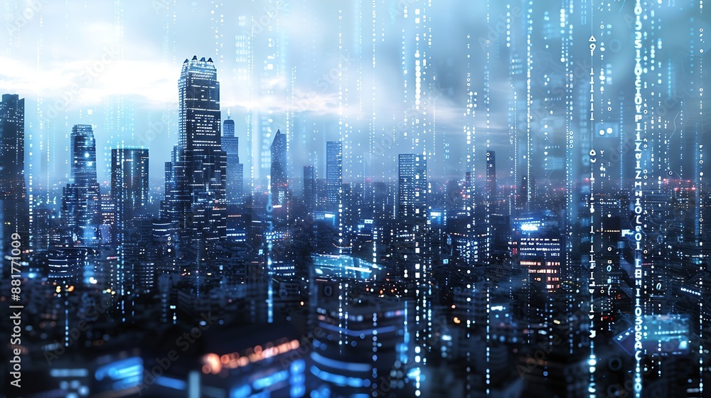 Fototapeta premium Binary computer code virtual city skyline Matrix Mixed Media Background : Generative AI