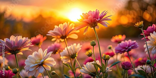 Flowers bathed in the glow of the setting sun, sunset, nature, floral, bloom, vibrant, colorful, summer, dusk, evening, beauty