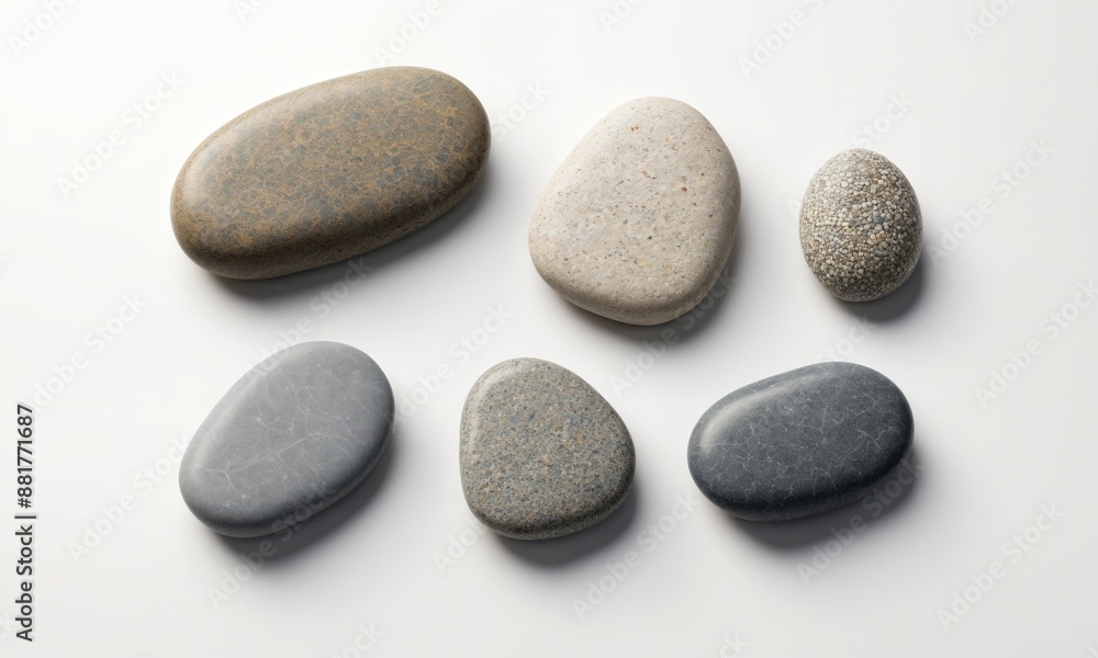 Six smooth stones arranged on white background Six smooth stones arranged on white background