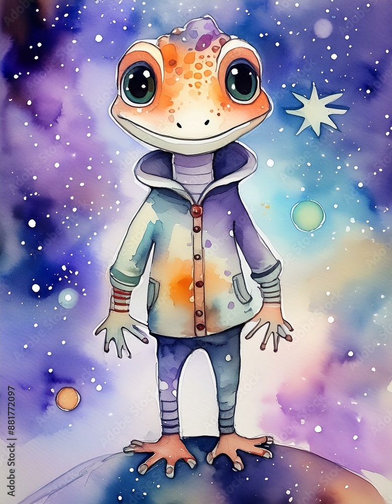 Naklejka premium cartoon lizard in the night on the moon