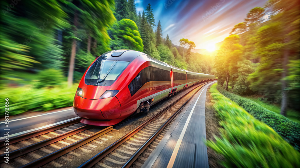 Fototapeta premium Vibrant red high-speed train zooms through curvaceous tracks amidst lush greenery, its sleek design and powerful momentum emphasized by blurred background and dramatic lighting.