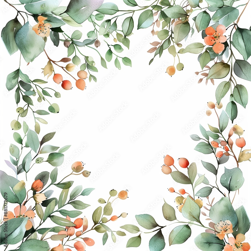 leaf frame card and watercolor flowers in green, red, orange, brown, pink with Autumn Hewes. Sweet pastel colors leaf frame card and watercolor flowers in green, red, orange, brown, pink with Autumn Hewes. Sweet pastel colors