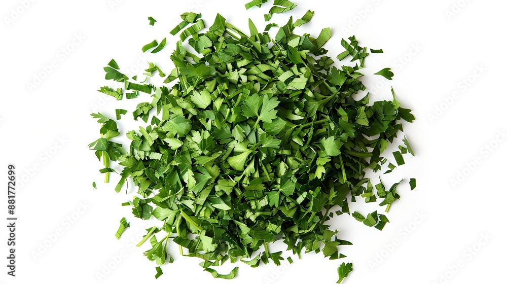 Chopped dry parsley leaves pile isolated on white background top view : Generative AI Chopped dry parsley leaves pile isolated on white background top view : Generative AI