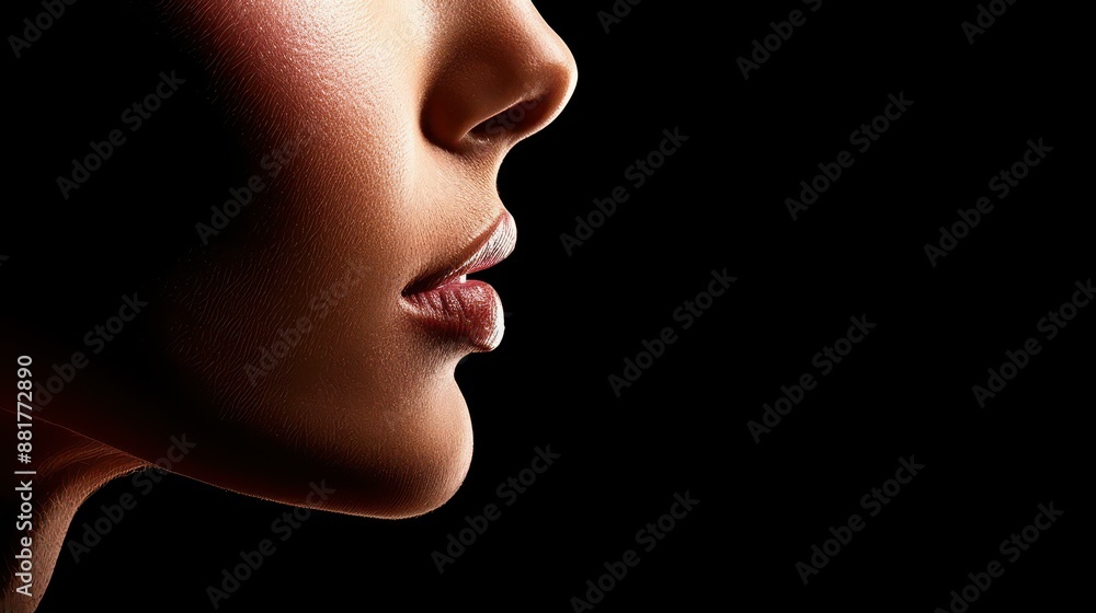 Stunning profile of a woman with flawless skin and makeup, set against a sleek black backdrop. Stunning profile of a woman with flawless skin and makeup, set against a sleek black backdrop.