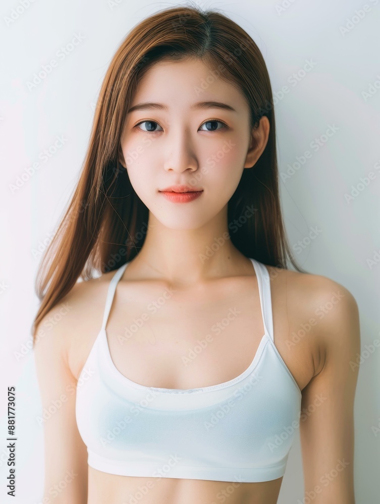 Stunning black top beauty with long legs, Asian charm, fair skin, and exquisite face in a full body photo close up. Stunning black top beauty with long legs, Asian charm, fair skin, and exquisite face in a full body photo close up.