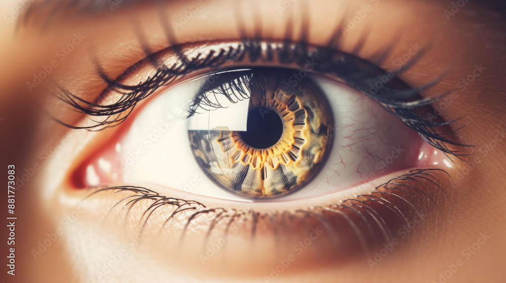 Fototapeta premium Eye reflecting cityscape conveying vision for the future