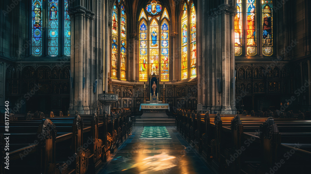 Fototapeta premium Historic Church with Good Architecture and Long Artistic Glass Windows