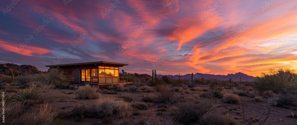 A cozy solar-powered desert cabin at sunset, featuring a stunning sky and warm lighting, capturing the serene beauty of desert living. A cozy solar-powered desert cabin at sunset, featuring a stunning sky and warm lighting, capturing the serene beauty of desert living.