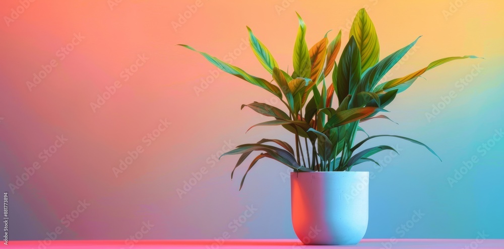 A vibrant potted plant set against a colorful gradient background, emphasizing contrast and natural beauty in a modern interior setting. A vibrant potted plant set against a colorful gradient background, emphasizing contrast and natural beauty in a modern interior setting.