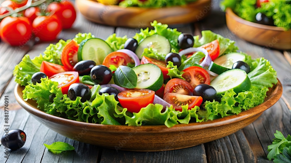 Fresh garden salad with green lettuce, ripe tomatoes, crisp cucumbers, and plump olives , healthy, organic, vegetarian Fresh garden salad with green lettuce, ripe tomatoes, crisp cucumbers, and plump olives , healthy, organic, vegetarian