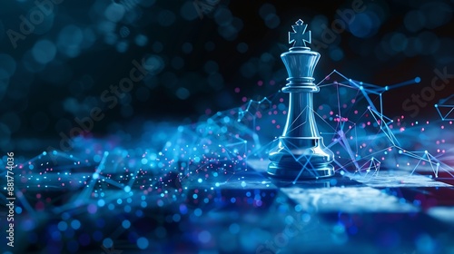 Leader with brain and ideas can make an impact and different on the digital world concept White chess king with blur graphic Binary Data computer Number network on blue dark background : Generative AI