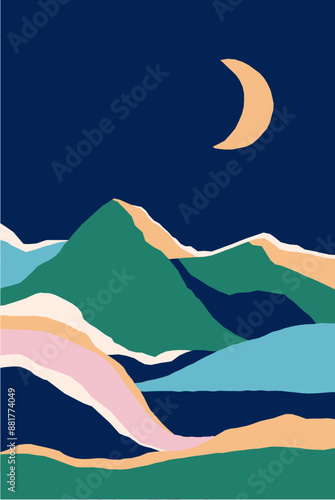 Abstract landscape card. Nature poster, crescent, moon. Modern contemporary m...
