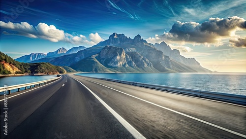 Empty highway with mountain peaks and sea coast under clear sunny sky, highway, mountain peaks