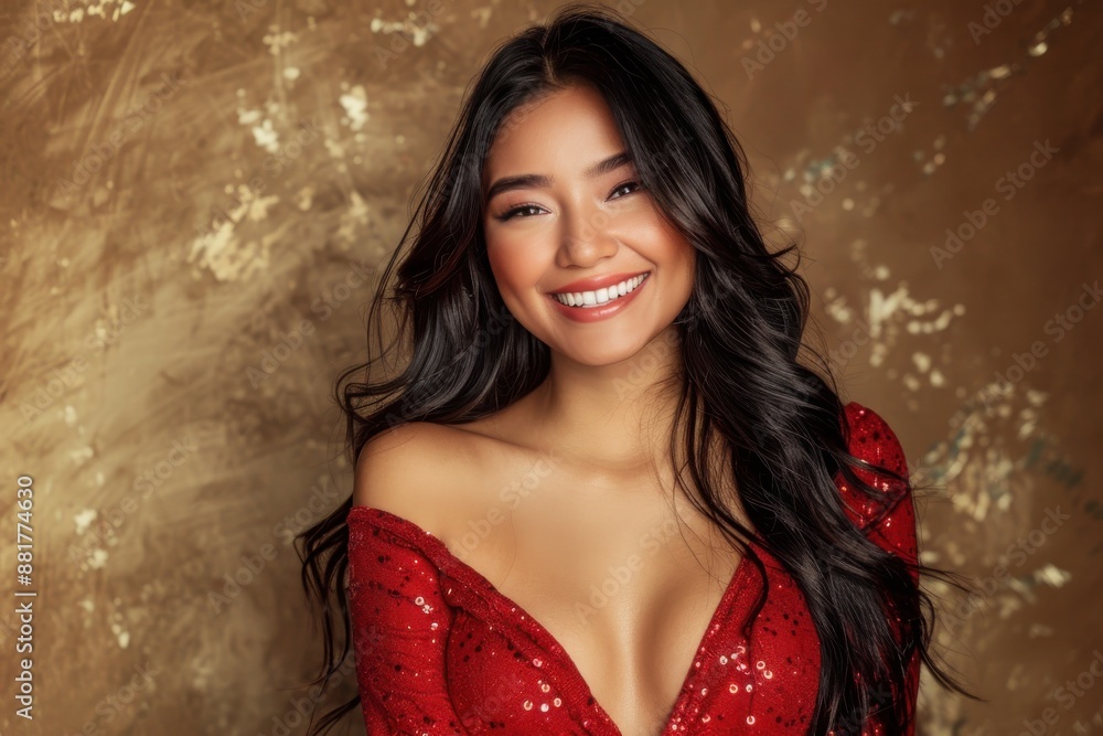 A beautiful woman with long, flowing hair in a red sequin dress, smiling warmly against a golden textured background A beautiful woman with long, flowing hair in a red sequin dress, smiling warmly against a golden textured background