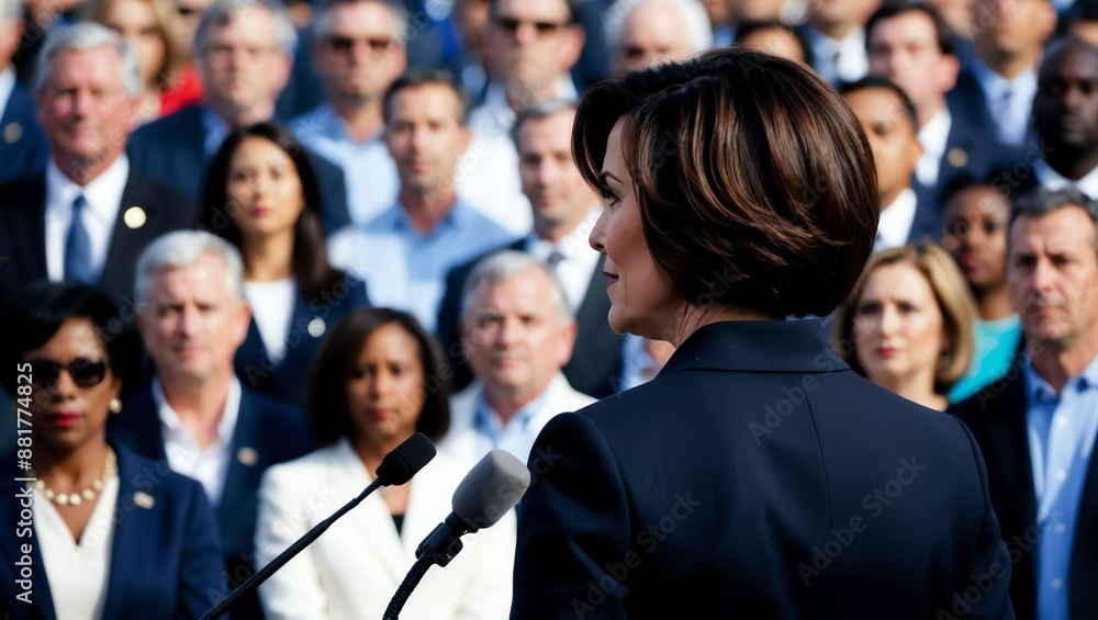 High-resolution photograph featuring a woman with short, dark hair, seen from behind, standing in front of a large img High-resolution photograph featuring a woman with short, dark hair, seen from behind, standing in front of a large img