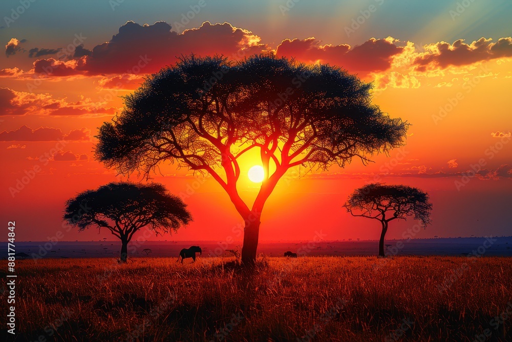 A stunning sunset over the Serengeti with silhouettes of acacia trees, roaming wildlife, and a vast, open sky. A stunning sunset over the Serengeti with silhouettes of acacia trees, roaming wildlife, and a vast, open sky.