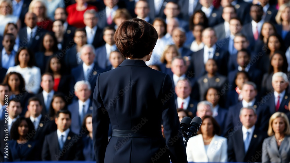 High-resolution photograph featuring a woman with short, dark hair, seen from behind, standing in front of a large img High-resolution photograph featuring a woman with short, dark hair, seen from behind, standing in front of a large img