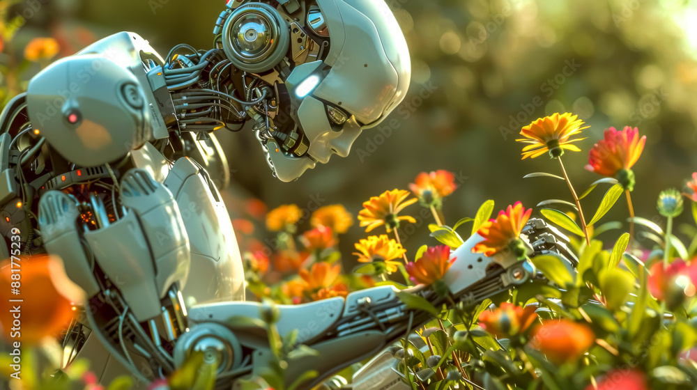 White robot kneeling and smelling flowers in a sunny garden White robot kneeling and smelling flowers in a sunny garden