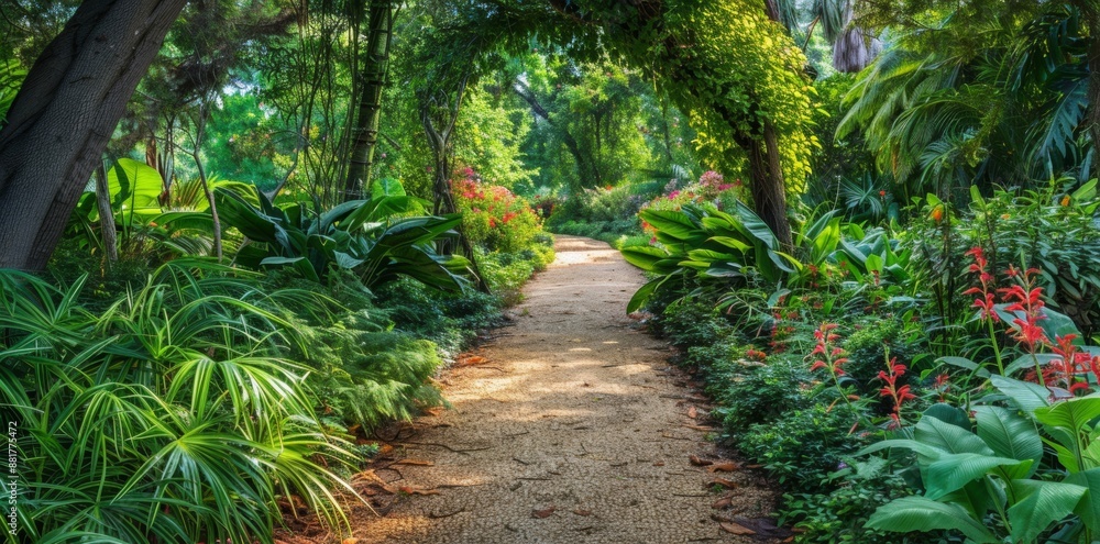 A beautiful garden path surrounded by lush greenery, inviting viewers into a serene and verdant outdoor space. A beautiful garden path surrounded by lush greenery, inviting viewers into a serene and verdant outdoor space.