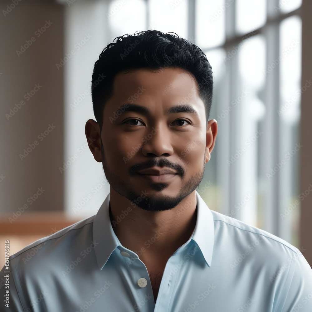 Portrait-style image featuring a filipino man with a medium-dark skin tone , short, curly black img Portrait-style image featuring a filipino man with a medium-dark skin tone , short, curly black img