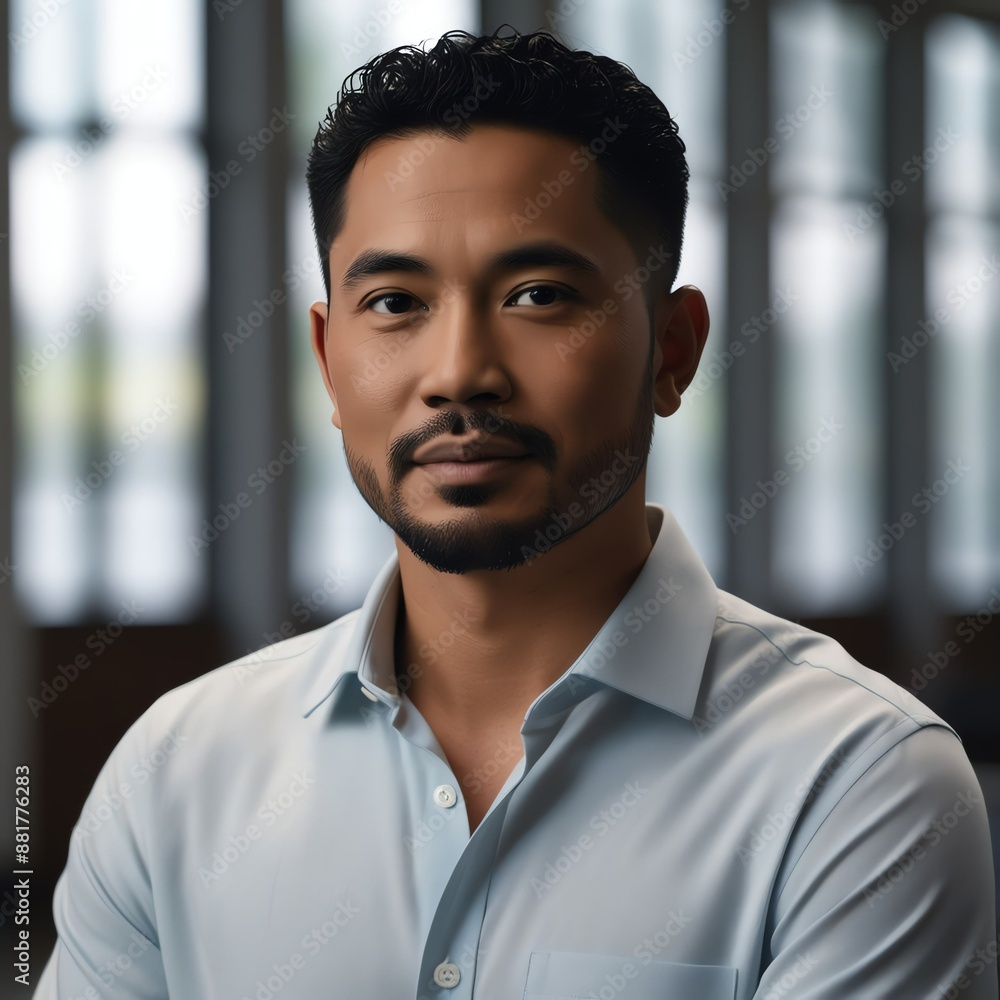 Portrait-style image featuring a malaysian man with a medium-dark skin tone , short, curly black img Portrait-style image featuring a malaysian man with a medium-dark skin tone , short, curly black img