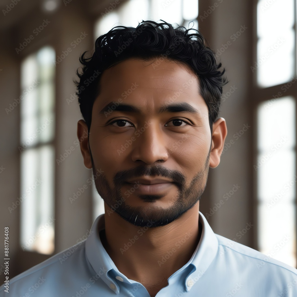 Portrait-style image featuring a Nepali man with a medium-dark skin tone , short, curly black img Portrait-style image featuring a Nepali man with a medium-dark skin tone , short, curly black img
