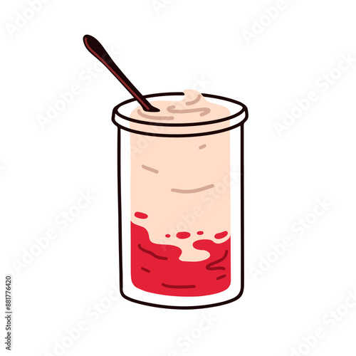 Yogurt in glass container. Spoon in creamy dairy product, natural milk and fruit dessert. Healthy protein snack. Probiotic yoghurt. Flat vector illustration, isolated on white background