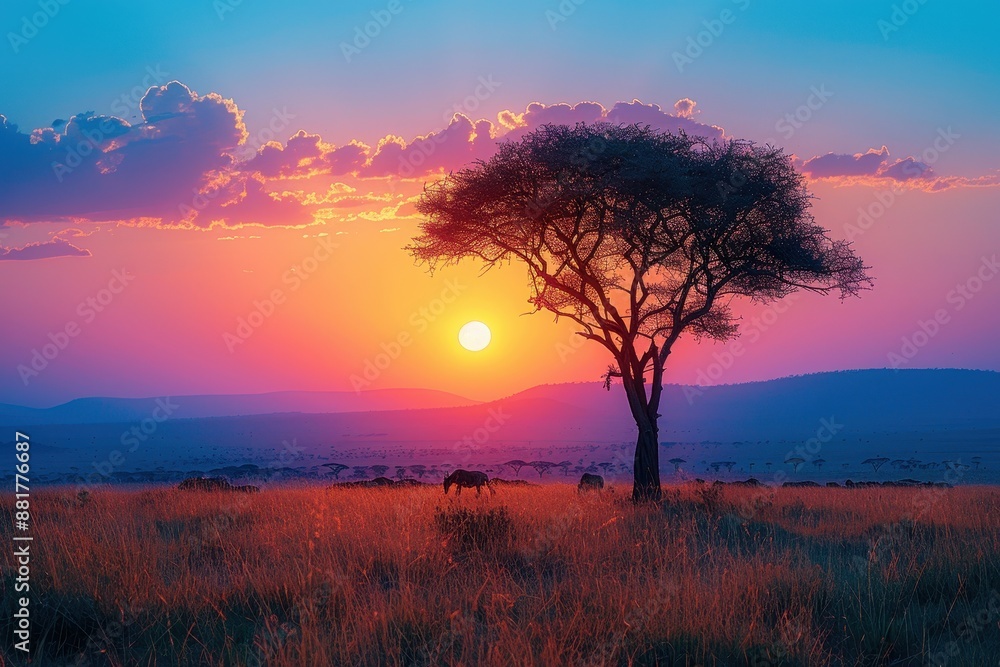 A stunning sunset over the Serengeti with silhouettes of acacia trees, roaming wildlife, and a vast, open sky. 