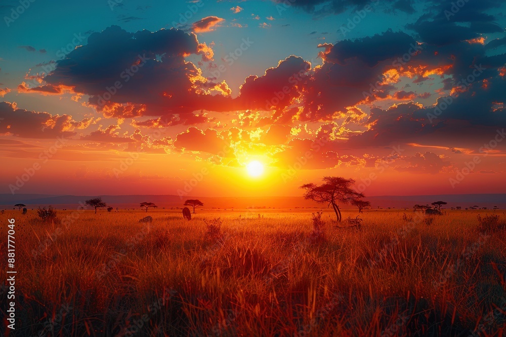 Obraz premium A stunning sunset over the Serengeti with silhouettes of acacia trees, roaming wildlife, and a vast, open sky. 