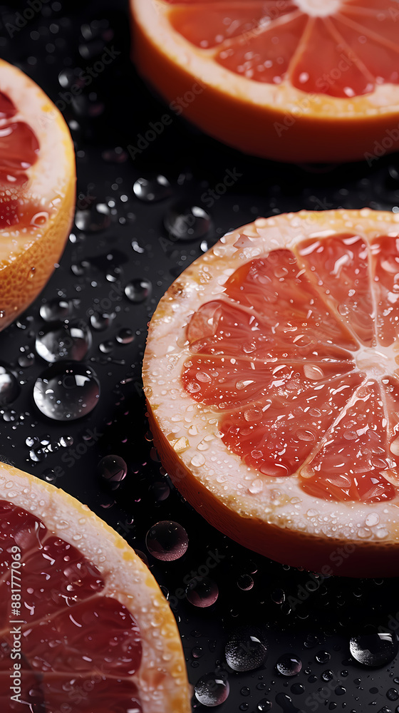 Sliced grapefruit with water drops on dark background Sliced grapefruit with water drops on dark background