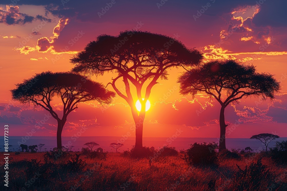 A stunning sunset over the Serengeti with silhouettes of acacia trees, roaming wildlife, and a vast, open sky. A stunning sunset over the Serengeti with silhouettes of acacia trees, roaming wildlife, and a vast, open sky.