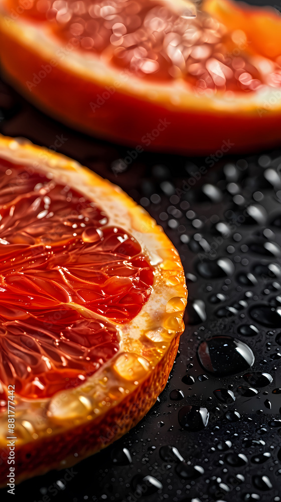 Sliced grapefruit with water drops on dark background Sliced grapefruit with water drops on dark background