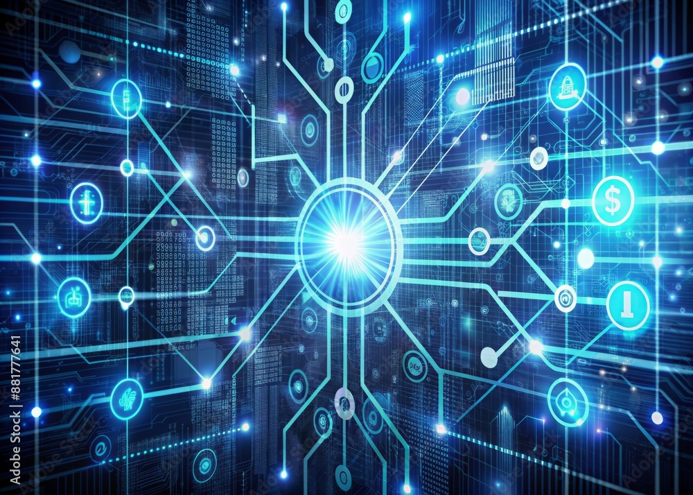 A futuristic digital background with binary code and circuit patterns, intersecting with a 3D blockchain grid, surrounded by abstract financial and banking symbols. A futuristic digital background with binary code and circuit patterns, intersecting with a 3D blockchain grid, surrounded by abstract financial and banking symbols.