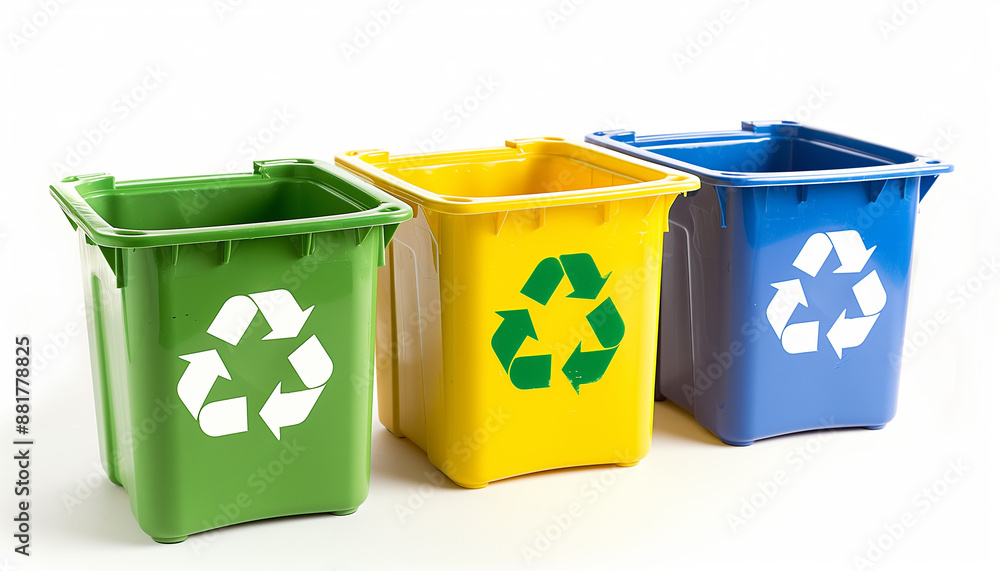 Three recycling bins, yellow, green and blue, isolated on white background Three recycling bins, yellow, green and blue, isolated on white background
