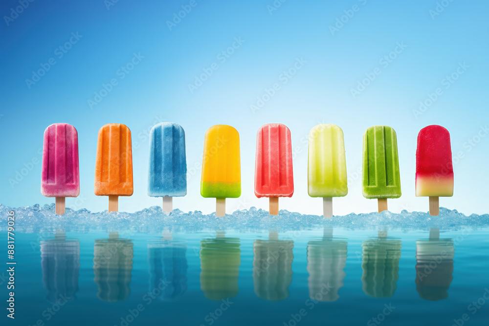 A variety of colorful popsicles arranged in a row A variety of colorful popsicles arranged in a row
