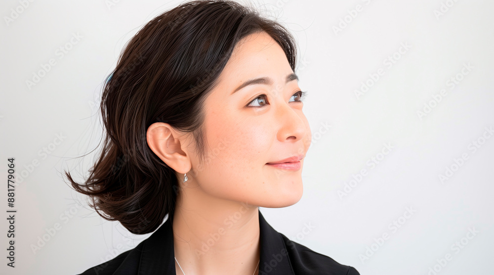 happy, Side profile portrait of a business japanesewoman, perfect white background happy, Side profile portrait of a business japanesewoman, perfect white background