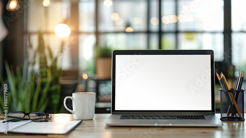 Close up of blank white screen laptop on table in modern office interior with creative station and cup, coffee mug, glasses and pencil pot at working desk with blurred background. Mockup for design.