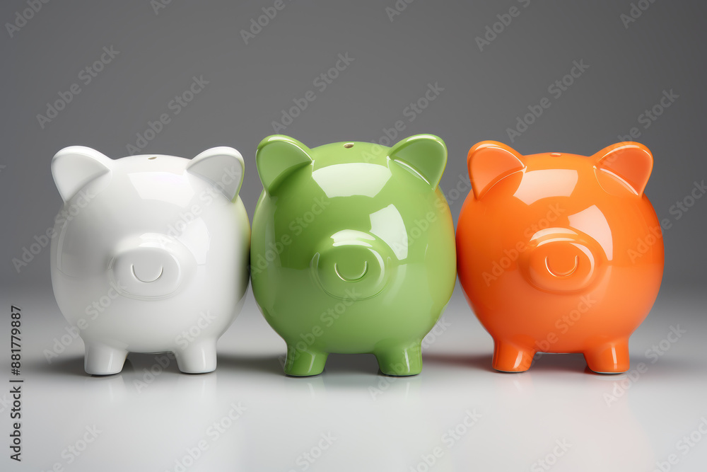 Three ceramic piggy banks in orange, white and green colors arranged on the right side of an isolated background with soft lighting Three ceramic piggy banks in orange, white and green colors arranged on the right side of an isolated background with soft lighting