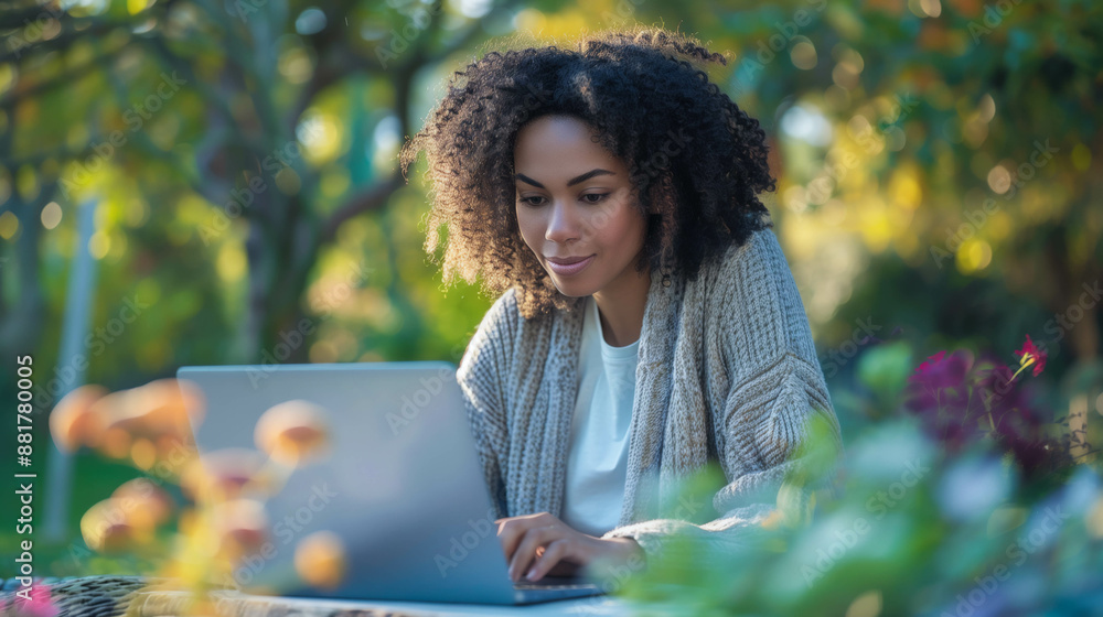 Woman working remotely on laptop in garden Woman working remotely on laptop in garden